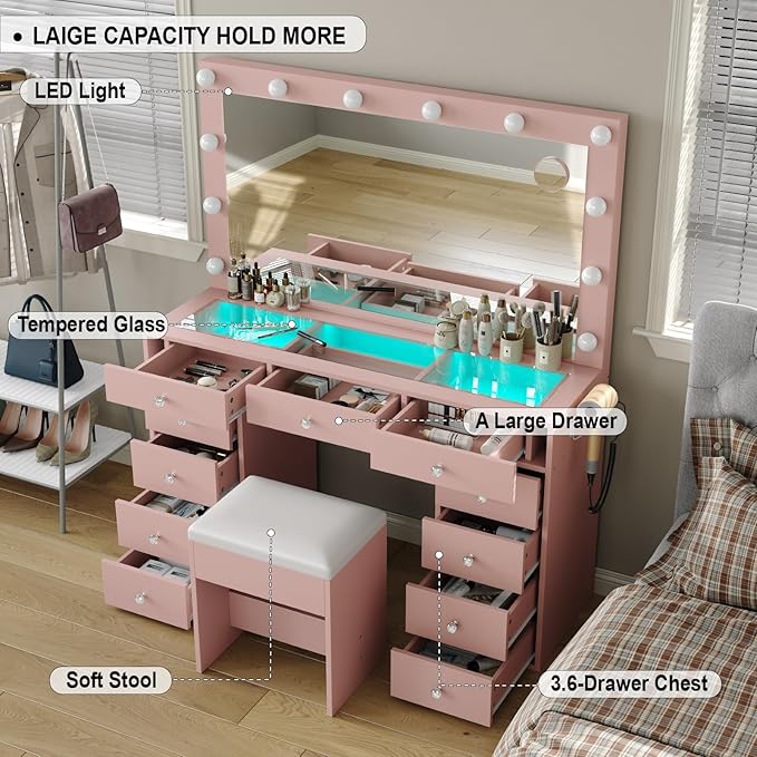 Vanity Desk with Mirror and Lights, Makeup Vanity Desk with Lights 3 Colors, LED Reinforced Glass Vanity, Makeup Vanity with 11 Storage Drawer, Dressing Table for Bedroom Dressing Room (Pink)