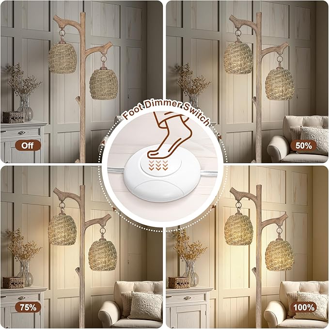 Scenekoy Vintage 68” Tall Floor Lamp with Straw Rope Woven Shade, Retro Resin Standing Lamp Tree Trunk Finish, Dimmable Corner Lamp Stand Up Light with Bulb Prefer for Living Room Bedroom Home Decor