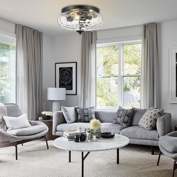 Darkaway Large Ceiling Light Fixtures, 3-Light Flush Mount Indoor Outdoor Ceiling Light with Water Ripple Glass Shade for Hallway Kitchen Bedroom Porch Living Room Black Finish