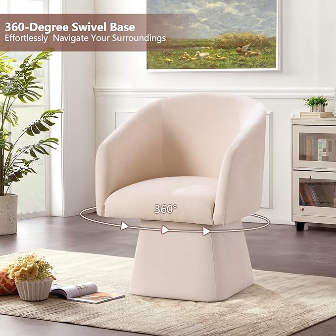 Swivel Modern Accent Chair,Luxury Fabric Upholstered Makeup Chair Comfy Barrel Chair with No Wheels,360°Rotating Vanity Armchair for Living Room Bedroom Office (White,Set of 2)