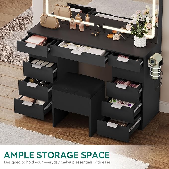 YITAHOME 46'' Vanity Desk with Large LED Lighted Mirror & Charging Ports, 11-Drawer Makeup Table Set with Storage Stool for Dressing Room, 3 Lighting Modes Brightness Adjustable, Black Finish