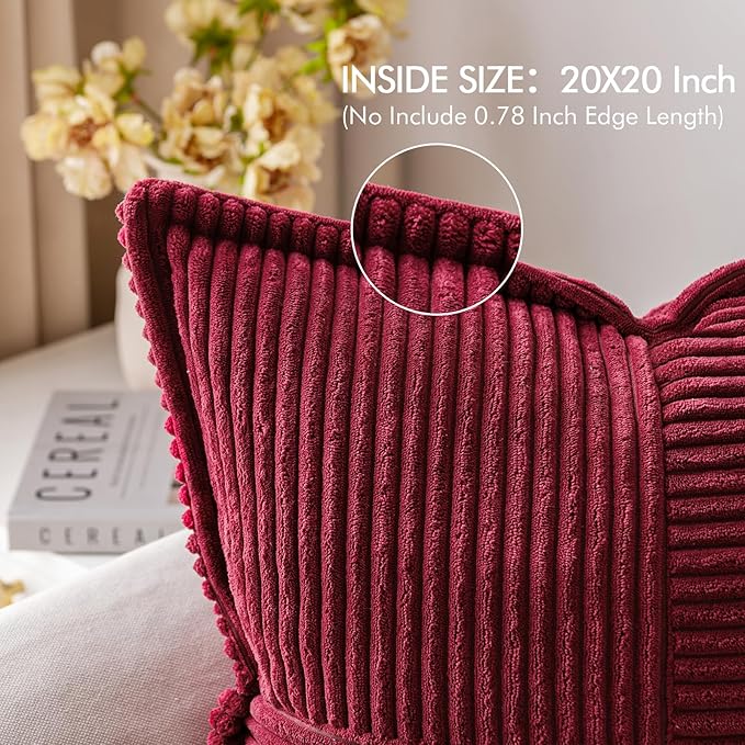 MIULEE Christmas Decorative Throw Pillow Covers for Couch Bed Livingroom 20x20 Inch Set of 2 Burgundy Boho Accent Throw Pllows Broadside Striped Patchwork Soft Corduroy Pillowcases