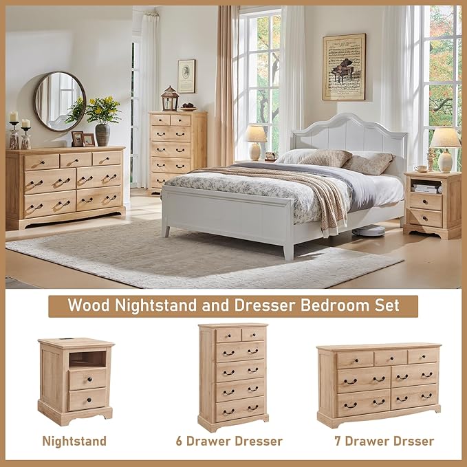 Farmhouse Dresser for Bedroom, 54" Modern 7 Drawers Dresser with Vintage Styles Pulls, Wood Rustic Closet Chest of Drawers for Living Room, Hallway, Natural Oak