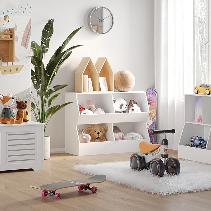DINZI LVJ Kids Bookshelf, Toy Storage Organizer, Wooden Toy Storage Cabinet, 4 Cubby Children Bookcase, 43.3" L Toddler Book Shelf for Bedroom, Nursery, Hallway, School, White