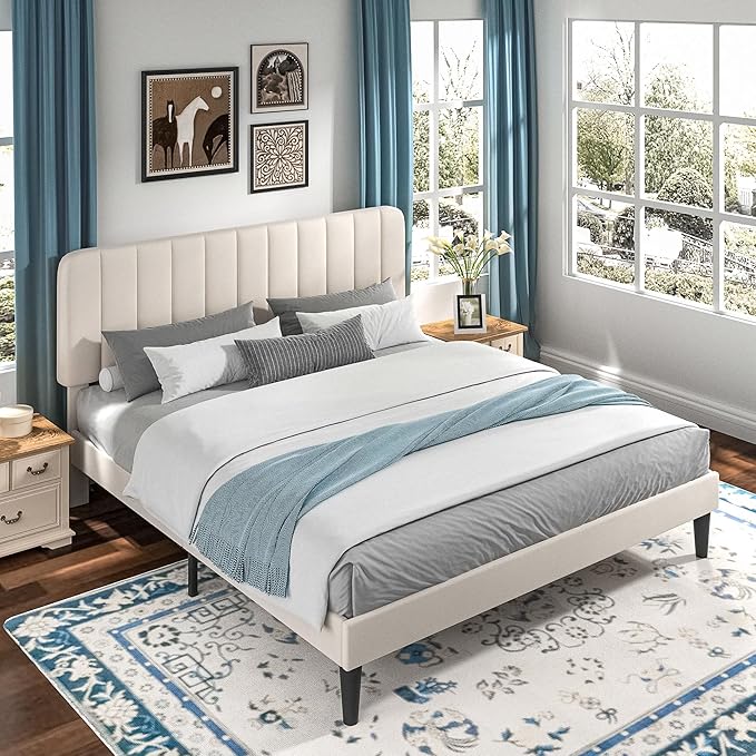 VECELO King Size Bed Frame with Upholstered Headboard, Velvet Platform Bedframe Mattress Foundation, Strong Wood Slat Support, No Box Spring Needed,Velvet Beige