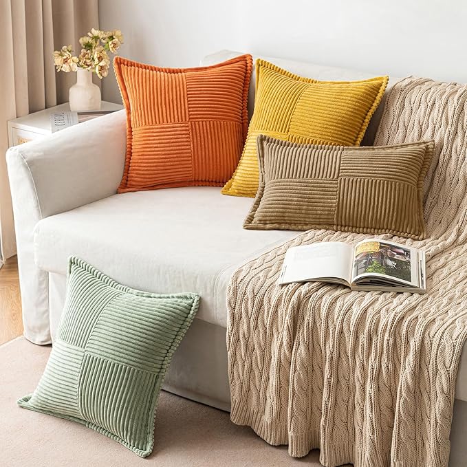 MIULEE Decorative Throw Pillow Covers for Couch Bed Livingroom 18x18 Inch Set of 2 Brown Boho Accent Throw Pllows Broadside Striped Patchwork Soft Corduroy Pillowcases