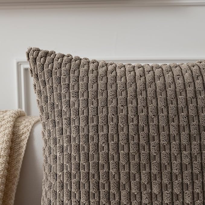 Kevin Textile 2 Packs Light Brown Euro Farmhouse Decorative Throw Pillow Covers 26x26 Inch for Living Room Couch Bed Sofa Rustic Boho Home Decor Soft Striped Corduroy Square Cushion Case 66x66 cm