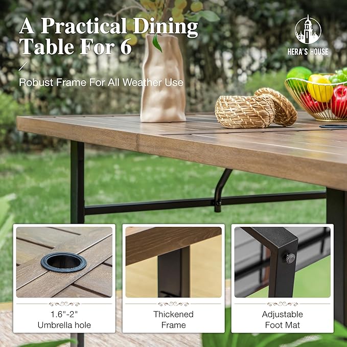 HERA'S HOUSE Patio Table and Chairs Set 7-Piece, Outdoor Dining Furniture Set with Cushions, All-Weather 64" Wood Grain Table with 1.6"-2" Umbrella Hole & Wicker Chairs for Backyard, Garden, Deck