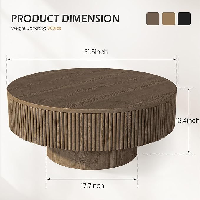 31.5” Round Fluted Coffee Table, Modern Wood Circle Coffee Table, Veneer Handcrafted Relief Tea Table with Sturdy Pedestal for Living Room - Brown