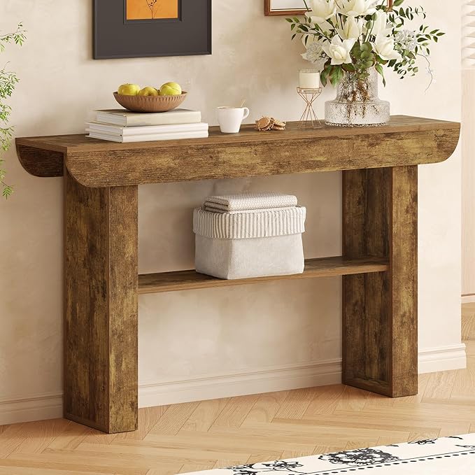 55-Inch Farmhouse Console Table,3-Tier Rustic Entryway Table with Storage,Rectangular Sofa Table Behind The Couch for Living Room, Hallway, Entrance
