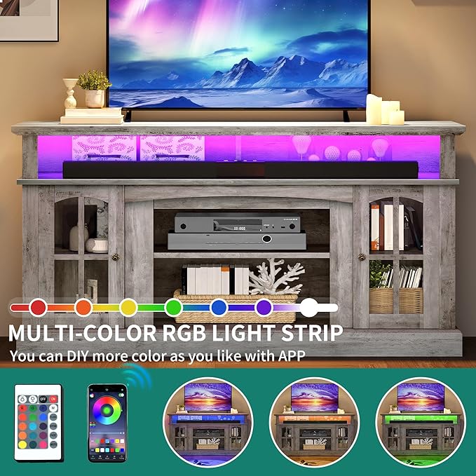YITAHOME LED Farmhouse TV Stand for 65 Inch w/Outlets, Modern Entertainment Center with Glass Doors and Adjustable Storage Shelves, Media Console TV Cabinet for for Living Room, Grey