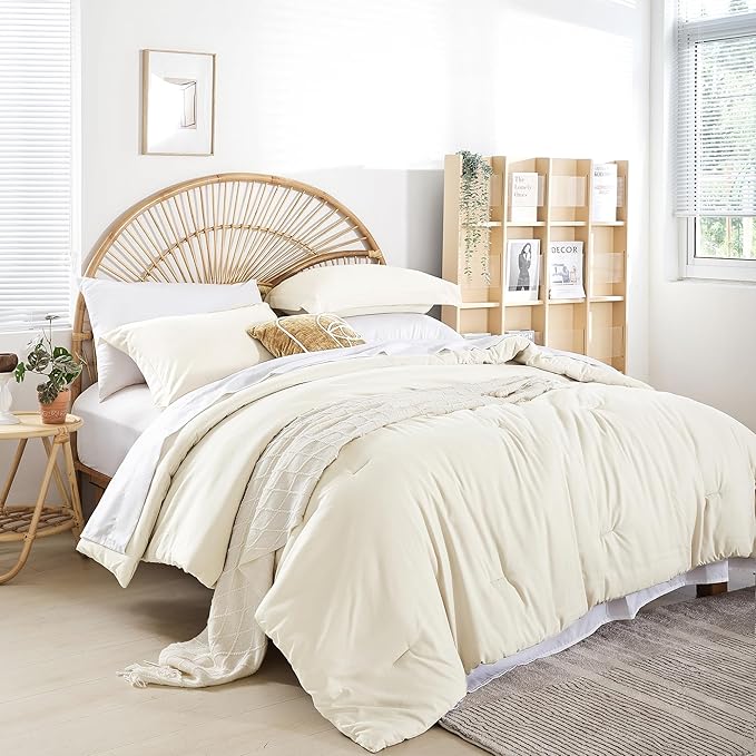 weigelia Queen Comforter Set 7 Pieces Bed Comforter Set Ivory Comforter Queen Size Bed in a Bag Bedding Set with Fitted Sheets, Flat Sheets, Pillow Shams, and Pillowcases
