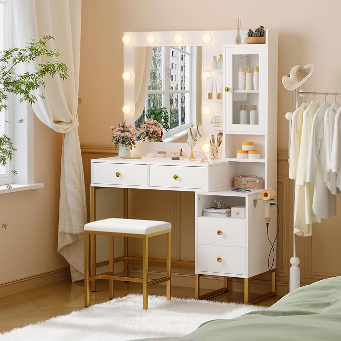 39" W Vanity Desk with Mirror, Makeup Vanity Set with Power Outlet and Comfortable Bench, Big Dressing Table with Lights Mirror and Drawers for Makeup, Modern Vanity for Bedroom White