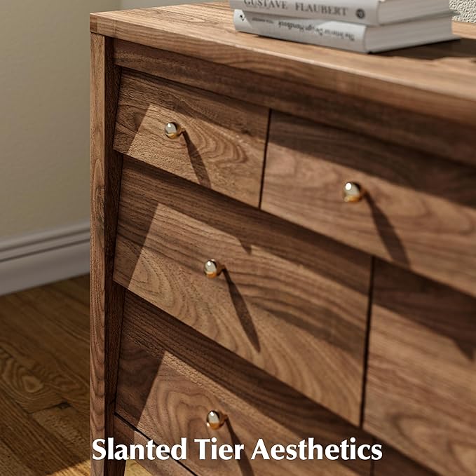 7 Drawers Dresser with Beveled Panel, Farmhouse Chest of Dressers for Bedroom, Wood Dresser TV Stand, Drawer Organizer for Bedroom, Living Room, Hallway, Walnut