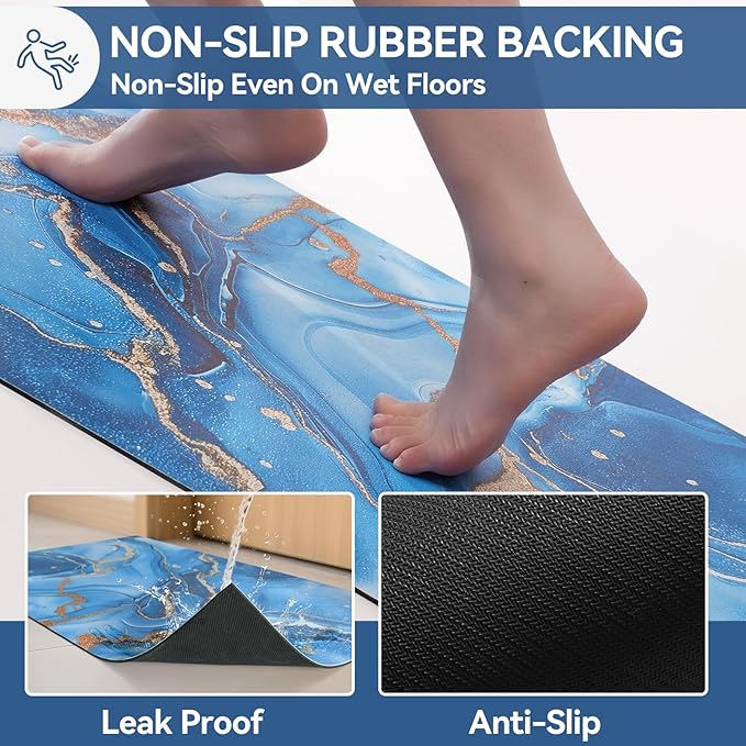 Non Slip Bath Mat Ultra Thin Bathroom Rug Fit Under Door, Rubber Backing Quick Dry Super Absorbent Washable Shower Bath Mats Blue 24x36
