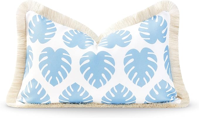 Hofdeco Premium Coastal Hampton Style Patio Indoor Outdoor Lumbar Pillow Cover Only, 12"x20" Water Resistant for Backyard, Couch, Baby Blue Monstera Leaf Fringe