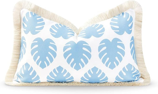 Hofdeco Premium Coastal Hampton Style Patio Indoor Outdoor Lumbar Pillow Cover Only, 12"x20" Water Resistant for Backyard, Couch, Baby Blue Monstera Leaf Fringe