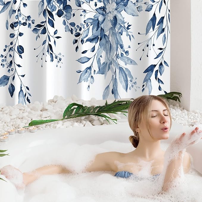 Gibelle Extra Long Shower Curtain 72 x 84, Navy Blue Floral Shower Curtain for Bathroom, Watercolor Plant Eucalyptus Leaves Fabric Shower Curtain Set with Hooks