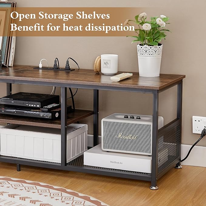 VECELO TV Stand with Power Outlets for Televisions up to 65Inch, 55" Media Entertainment Center with Charging Station 3-Tier Open Storage Shelves with Metal Frame for Living Room/Bedroom，Brown