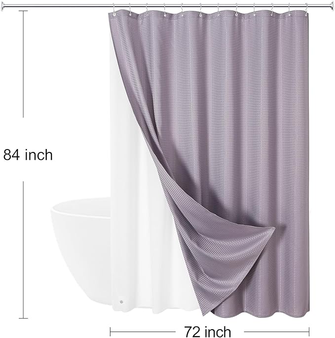 3 in 1 Extra Long Purple Shower Curtain Set-72 W x 84 H, Lavender Waffle and PEVA Liner Set with 12 Stainless Steel Hooks, Waterproof Fabric for Bathroom