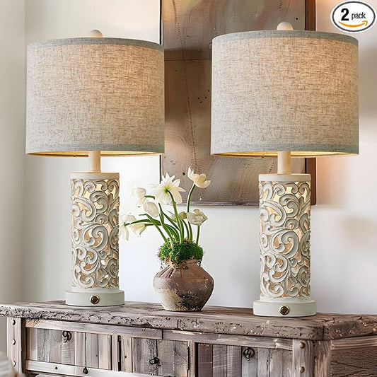 OYEARS 3-Way Dimmable 22'' Table Lamp Set of 2 for Living Room Bedroom Farmhouse Vintage Retro Bedside Lamps Touch Control with USB Ports Linen Shade for Home Office (Wash White, Bulb Included)