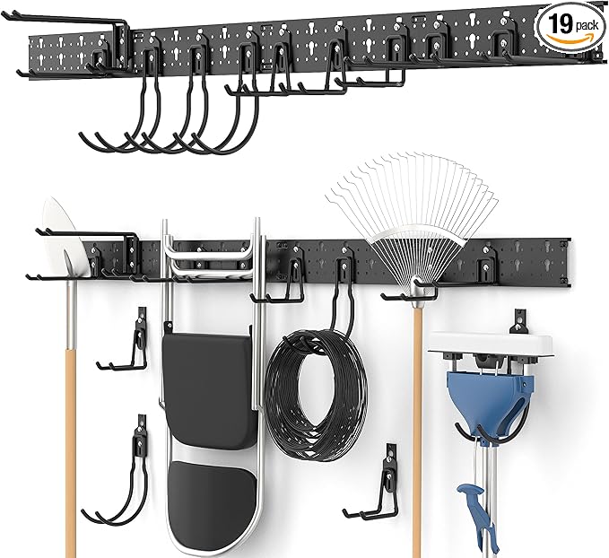 Ultrawall Garage Storage Organization, Versatile Storage Hooks Garden Tool Organizer Wall Mount, 64 Inch Yard Tool Organizer Hangers for Shovels, Rakes, Ladders, 19pcs Black