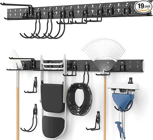 Ultrawall Garage Storage Organization, Versatile Storage Hooks Garden Tool Organizer Wall Mount, 64 Inch Yard Tool Organizer Hangers for Shovels, Rakes, Ladders, 19pcs Black