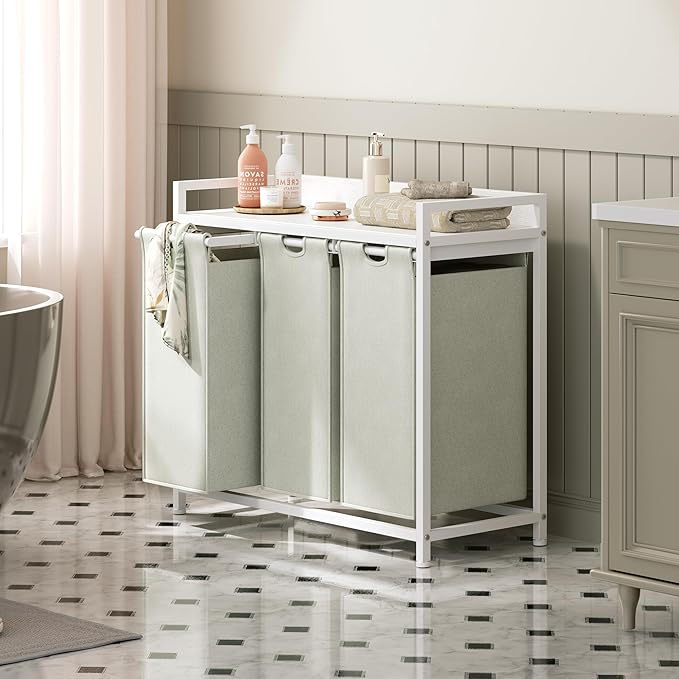 Laundry Hamper with Shelf, Laundry Basket 3 Section, Laundry Sorter with Pull-Out Removable Large Bags and Movable Wheels, Metal Frame, 3 x 15.87 Gallons (60L), White PF04XLW