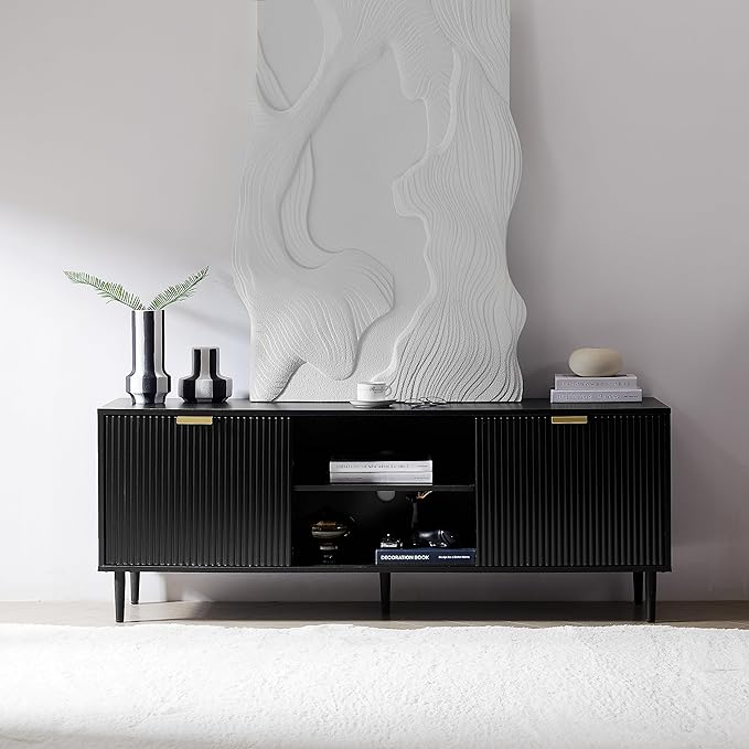 Okvnbjk Black TV Stand, Modern TV Consoles for Living Room 65+ Inch TV, Fluted Panel Media Console with Sliding Doors & Ajustable Shelves, Entertainment Stand with Storage Cabinets
