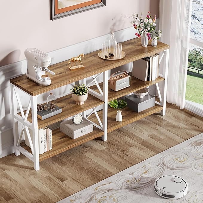 LVB Industrial Entryway Table, Farmhouse Rustic Console Table Behind Couch, Long Metal Sofa Table with Storage Shelf, Modern Hallway Table for Living Room Bedroom,White and Rustic Oak,63 inch