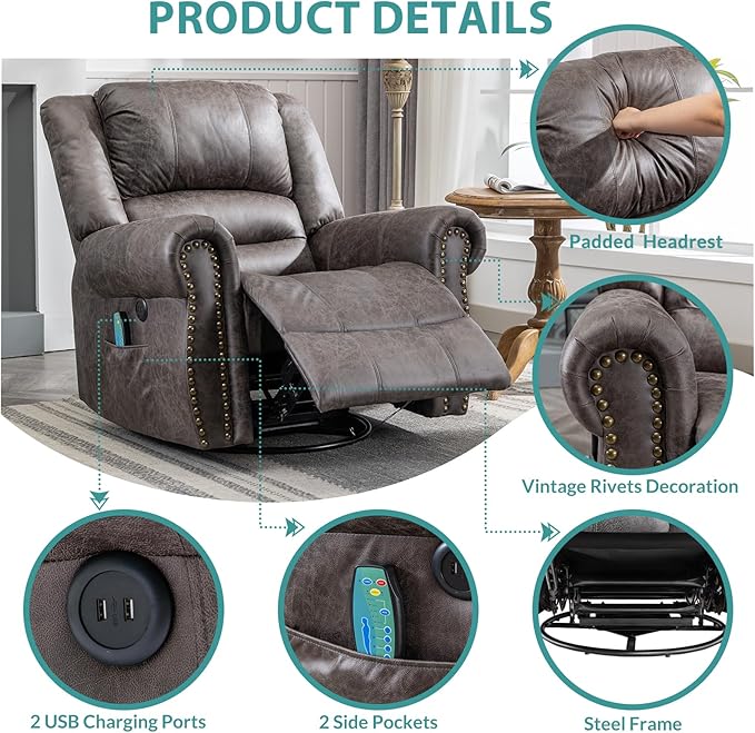 MEETWARM Massage Swivel Rocker Recliner with Heat and Vibration, Manual Glider Rocking Recliner Chair, 360°Swivel Lounge Reclining Chair with Remote Control/USB Ports for Living Room(Gray)