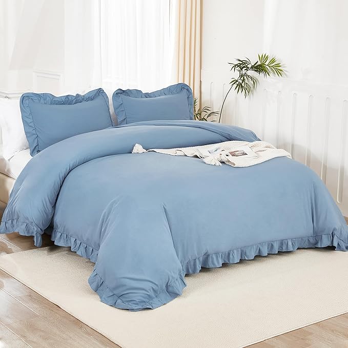 Litanika Grayish Blue Queen Comforter Set, 3 Pieces Ruffle Farmhouse Aesthetic Bedding Comforter Set, All Season Soft Lightweight Fluffy Microfiber Bed Set(90x90In Comforter, 2 Pillowcases)