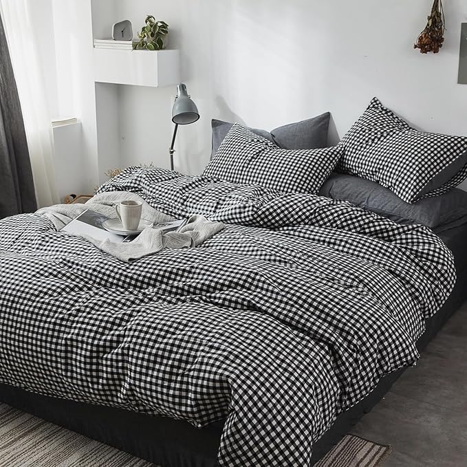 mixinni Black Gingham Comforter Set Full, Plaid Comforter Set 3 Pieces 1 Black Grid Comfoter with 2 Pillow Cases for All Seasons, Soft Fluffy Modern Grid Pattern Printed Bedding-Full Size