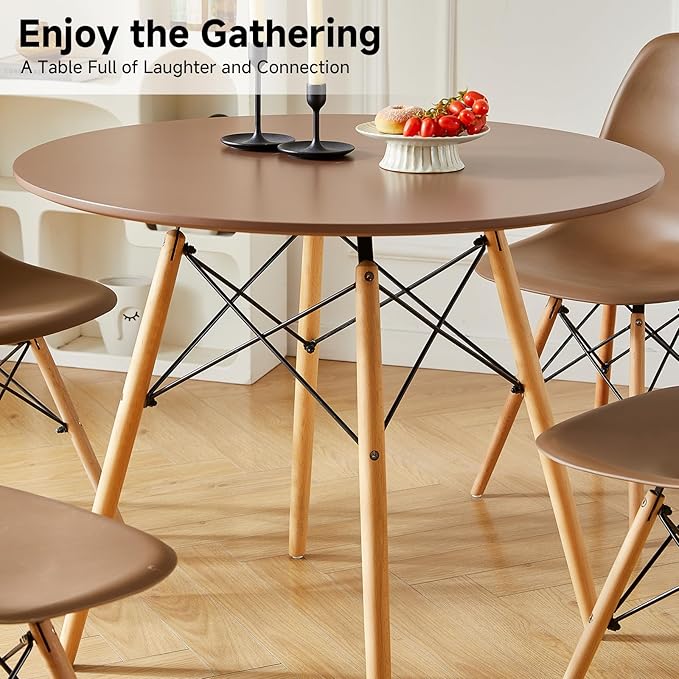 Round Dining Table Set for 4 35.5" Wood Dinner Table Circle Dining Table Kitchen Table Chairs Set of 4 with Wood Strip Base for Kitchen Living Room Space Saving Apartment(Brown)