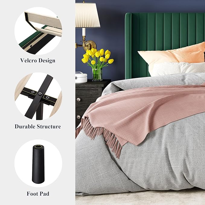 Allewie Full Size Bed Frame/Velvet Upholstered Platform Bed/Vertical Channel Tufted Wingback Headboard/Strong Wooden Slats/No Box Spring Needed/Easy Assembly/Green