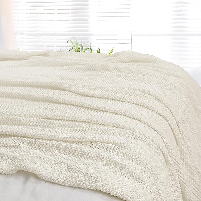 PiccoCasa 100% Cotton Knit Blanket Full Size,Solid Lightweight Decorative Throws and Blankets,Soft Knitted Throw Blanket for Sofa Couch, Beige 70" x 78"