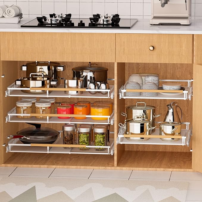 Expandable Pull Out Cabinet Organizers,Adjustable Width W:17”-28” x D:22.5”,Slide Out Cabinet Storage Drawers,Stainless Steel Gliding Cupboard Wire Shelves for Kitchen Pantry Pots and Pans,2 Packs