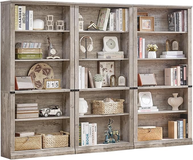 70" Grey Tall Bookshelf Set of 3,5-Tier Thick Wooden Book Shelf with Adjustable Shelves,Free Standing Farmhouse Bookcase with Open Display Storage,Floor Vintage Bookshelves for Living Room