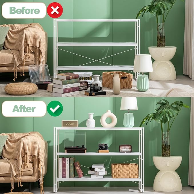 HCHQHS Bookshelf, 3-Tier Industrial Bookcase, White Open Book Shelf, Freestanding Horizontal Bookshelves with Metal Frame