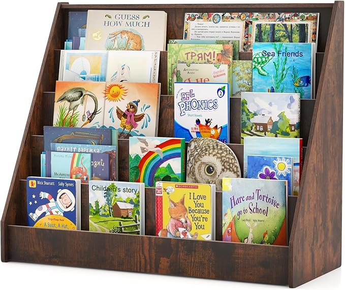 GLACER Kids Bookshelf, 5 Tier Wooden Montessori Book Display Rack, Front Facing Toddler Bookcase, Toy Storage Organizer, Book Shelf for Kids Rooms, Nursery, Classroom and Playroom (Rustic Brown)