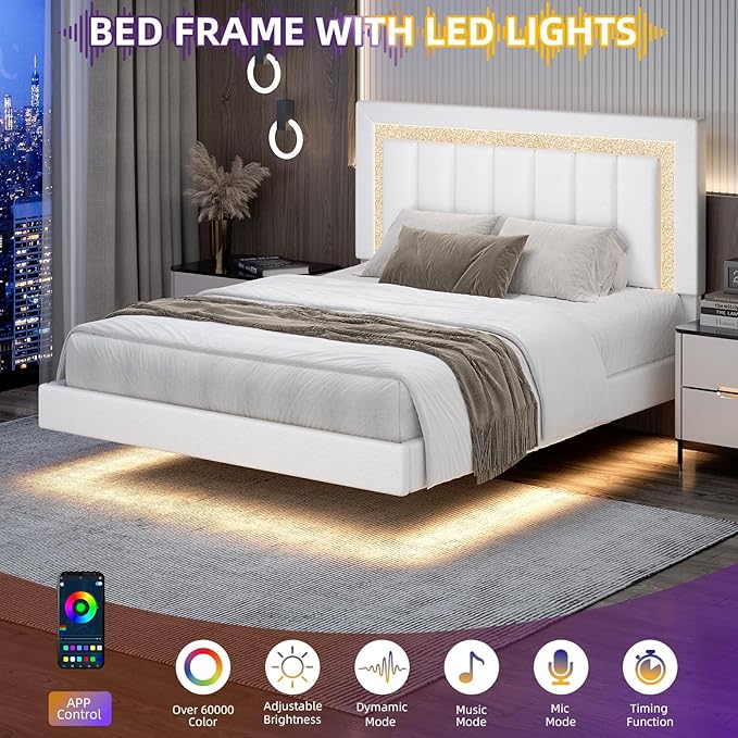 HOMBCK Floating Bed Frame Full with Smart LED Lights, Faux Leather Upholstered Platform Bed with Diamond PU Headboard, No Box Spring Needed, Noise-Free, Easy Assembly, White