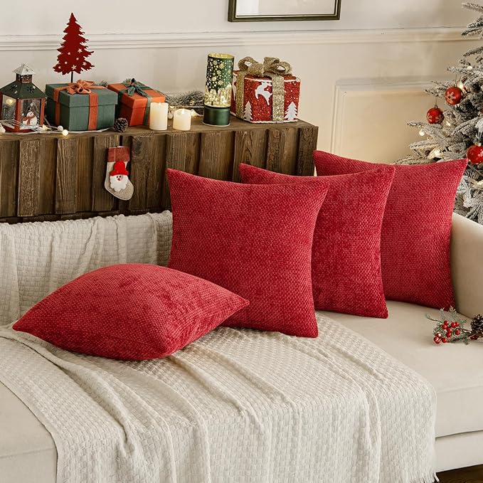 MIULEE Christmas Red Pack of 4 Couch Throw Pillow Covers 20x20 Inch Soft Decorative Chenille Pillow Covers Farmhouse Accent Cushion Covers for Boho Home Decor Sofa Bedroom Living Room