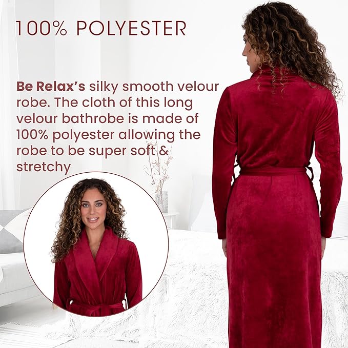 Be Relax Terry Velour Robe - Made of Polyester, Shawl Collar Robe with Belt & Side Pockets, Soft & Warm Bathrobe for Women