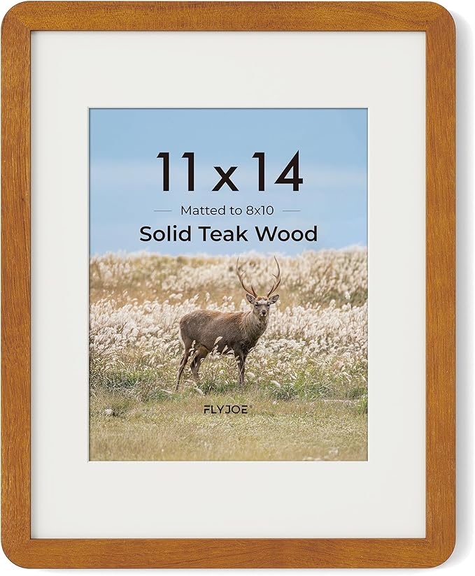 11x14 Picture Frame - Solid Teak Wood 11x14 Frame With Mat For 8x10, 11''x14'' Poster Frame, Plexiglas and Hanging Hardware Included, 11 By 14 Poster Frame Wood, Natural Teak