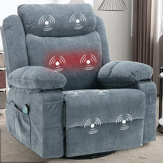 Overstuffed Rocker Recliner Chair, Fabric Massage Recliner Chairs with Heat for Adults, Oversized Reclining Swivel Sofa Manual Home Theater Rocking Recliner Lounge Chairs(Blue)