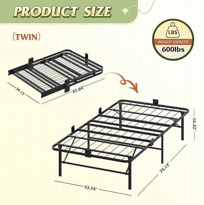 WLIVE Foldable Twin Bed Frames, Metal Platform Bed Frame Twin Size with Heavy Duty Steel Slats, No Box Spring Needed, Easy Assembly, No Noise, Black