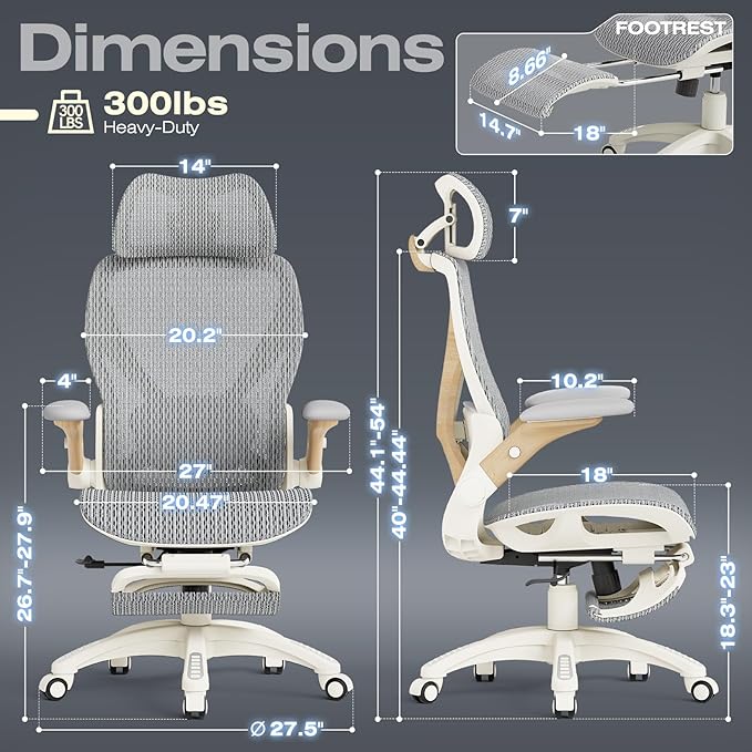 ELABEST X100 Ergonomic Office Chair with Footrest, Big and Tall Home Desk Chair with 5D Flip-Up Arms, Adjustable 3D Lumbar Support,High Back Rolling Computer Chair, Swivel Mesh Chairs (Foggy Morning)