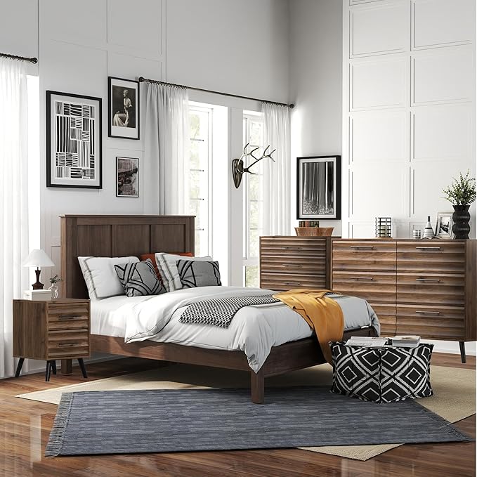 Farmhouse Bedroom Set, 3 Pieces Bedroom Furniture Set, Fluted 6 Drawer Dresser and Nightstands, Chest of Drawers Wide Storage Organizer Cabinet for Bedroom