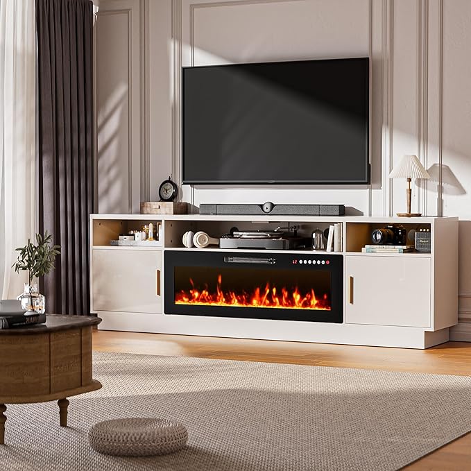 Ludatido 80 Inch Premium TV Stand with 36 inch Electric Fireplace 27 Inch high LED Light Entertainment Center Easy to Assemble for TVs Up to 90'' with USB&AC Power Interface White