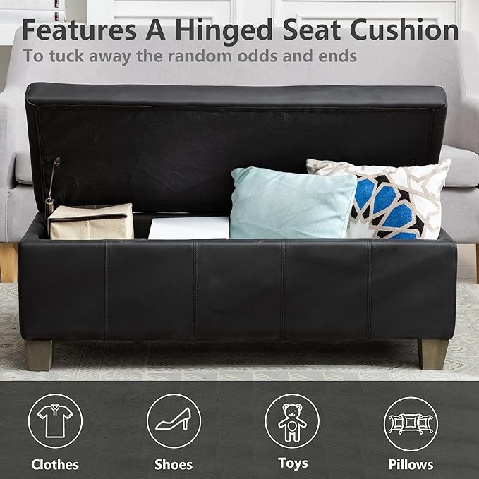 Black Faux Leather Ottoman with Storage, Rectangular Extra Long Storage Bench for Bedroom and Living Room